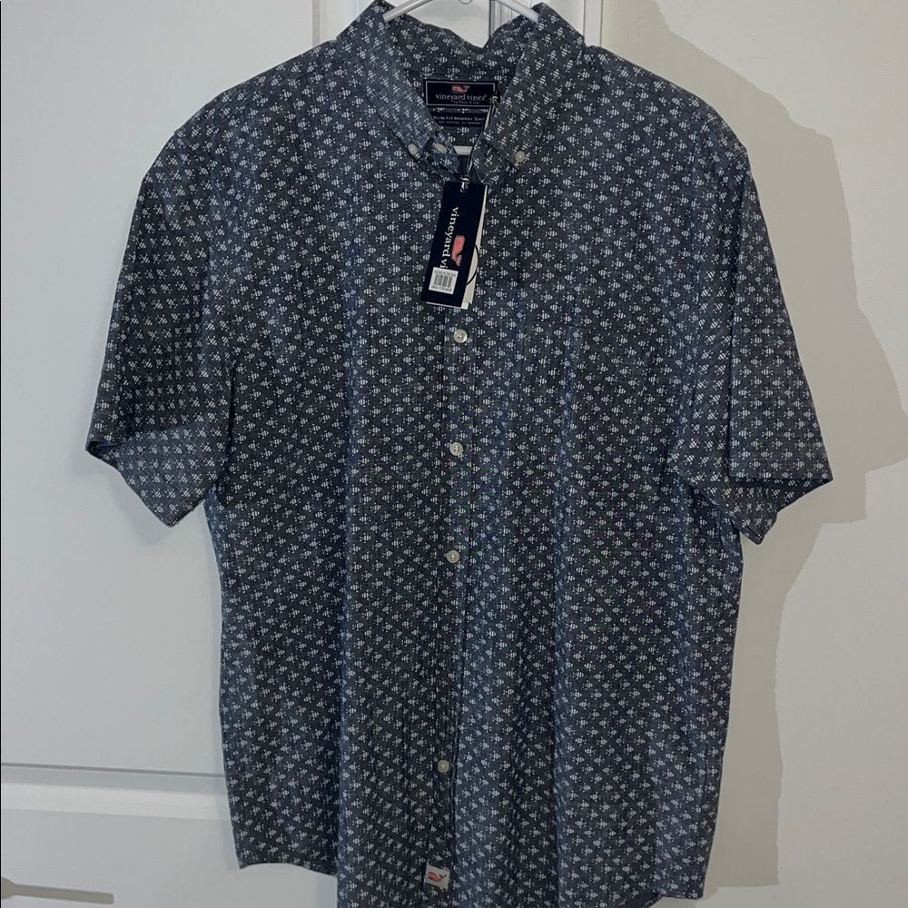 Vineyard Vines Whale Gray White Fish SS cotton blend Slim fit Tucker shirt L